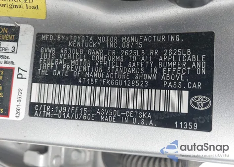 2016 Toyota Camry Se из США, поврежденный, VIN 4T1BF1FK6GU128523